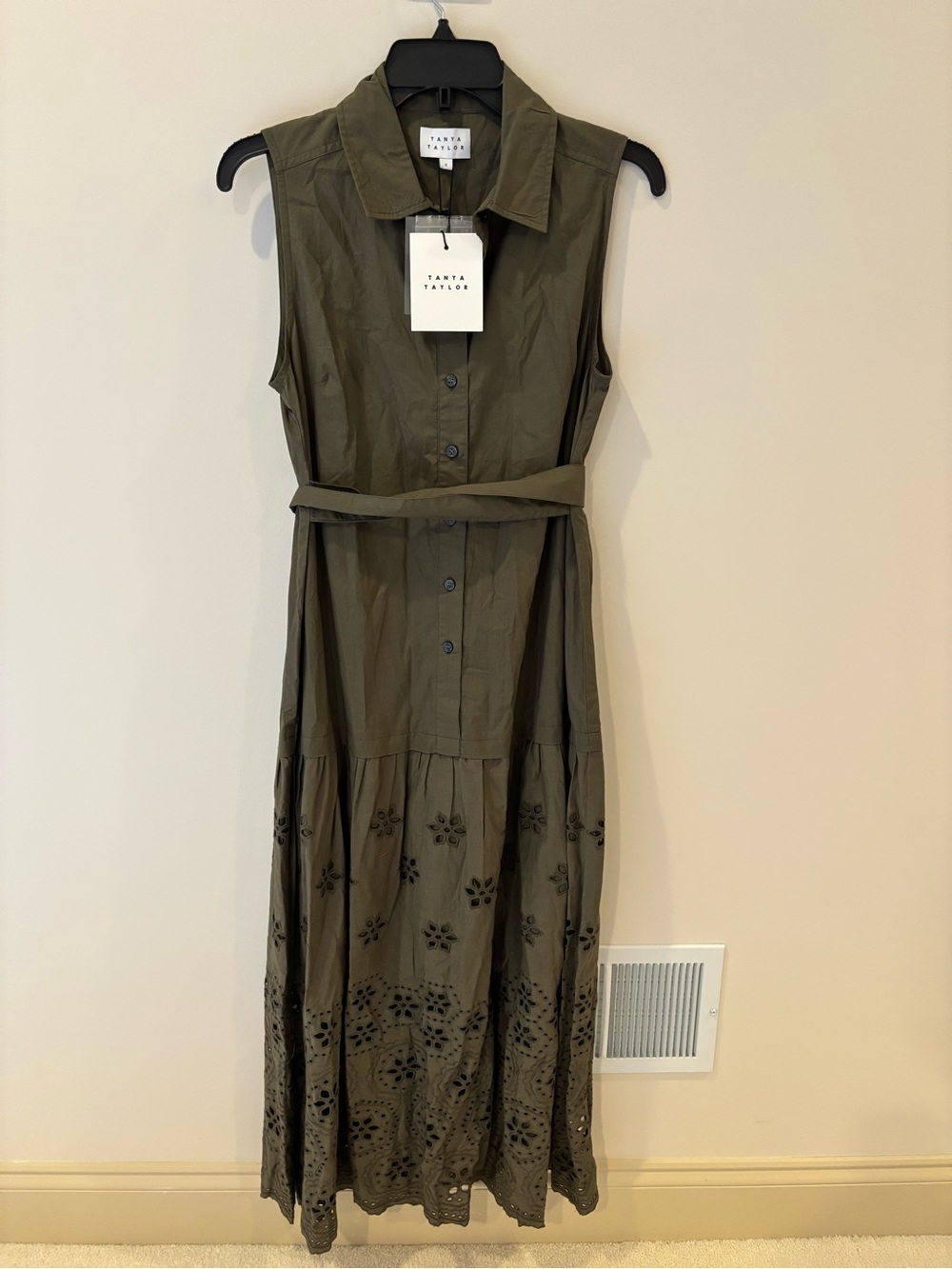 Tanya Taylor Olive Sleeveless Eyelet Midi Shirt Dress